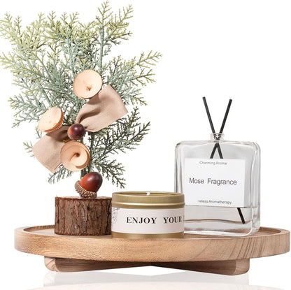 Round Decorative Tray Wood Bathroom Counter Organizer Farmhouse Kitchen Decor Wooden Riser for Soap Dish, Perfume, Candle, Sponge, 10" - Brown