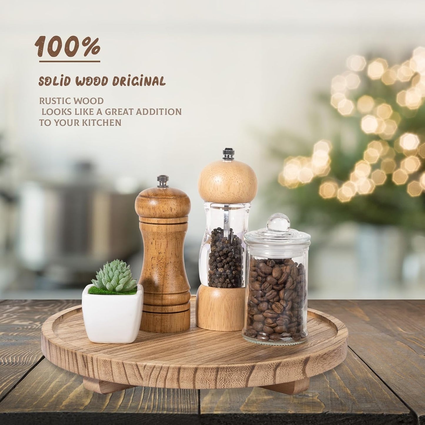 Round Decorative Tray Wood Bathroom Counter Organizer Farmhouse Kitchen Decor Wooden Riser for Soap Dish, Perfume, Candle, Sponge, 10" - Brown