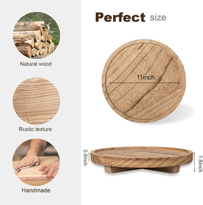 Round Decorative Tray Wood Bathroom Counter Organizer Farmhouse Kitchen Decor Wooden Riser for Soap Dish, Perfume, Candle, Sponge, 10" - Brown