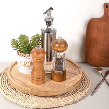 Round Decorative Tray Wood Bathroom Counter Organizer Farmhouse Kitchen Decor Wooden Riser for Soap Dish, Perfume, Candle, Sponge, 10" - Brown