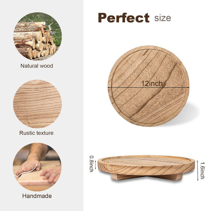 Round Decorative Tray Wood Bathroom Counter Organizer Farmhouse Kitchen Decor Wooden Riser for Soap Dish, Perfume, Candle, Sponge, 10" - Brown