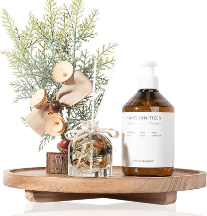 Round Decorative Tray Wood Bathroom Counter Organizer Farmhouse Kitchen Decor Wooden Riser for Soap Dish, Perfume, Candle, Sponge, 10" - Brown