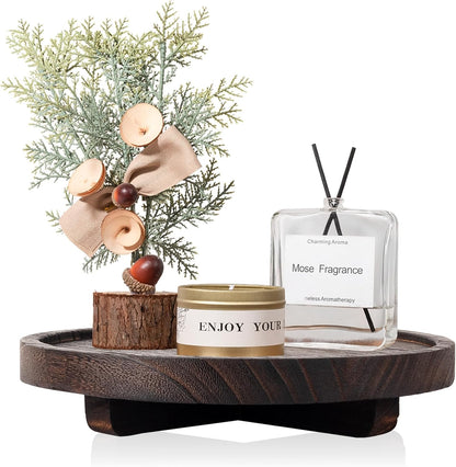 Round Decorative Tray Wood Bathroom Counter Organizer Farmhouse Kitchen Decor Wooden Riser for Soap Dish, Perfume, Candle, Sponge, 10" - Brown