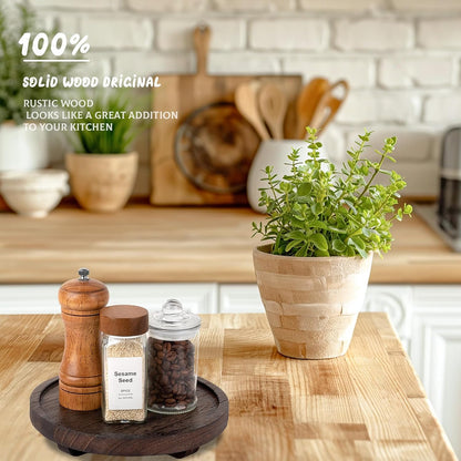 Round Decorative Tray Wood Bathroom Counter Organizer Farmhouse Kitchen Decor Wooden Riser for Soap Dish, Perfume, Candle, Sponge, 10" - Brown