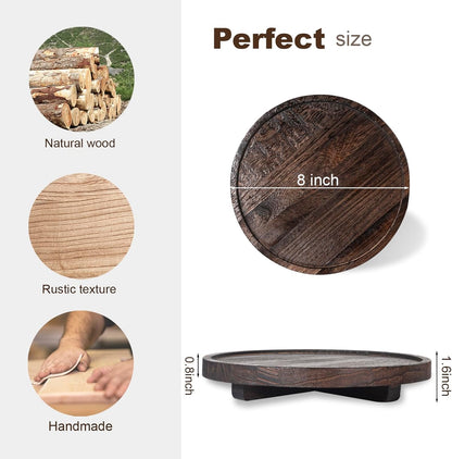 Round Decorative Tray Wood Bathroom Counter Organizer Farmhouse Kitchen Decor Wooden Riser for Soap Dish, Perfume, Candle, Sponge, 10" - Brown