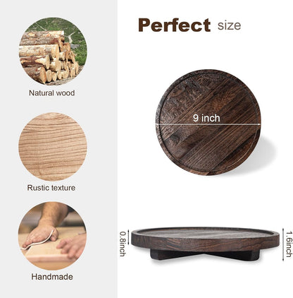 Round Decorative Tray Wood Bathroom Counter Organizer Farmhouse Kitchen Decor Wooden Riser for Soap Dish, Perfume, Candle, Sponge, 10" - Brown