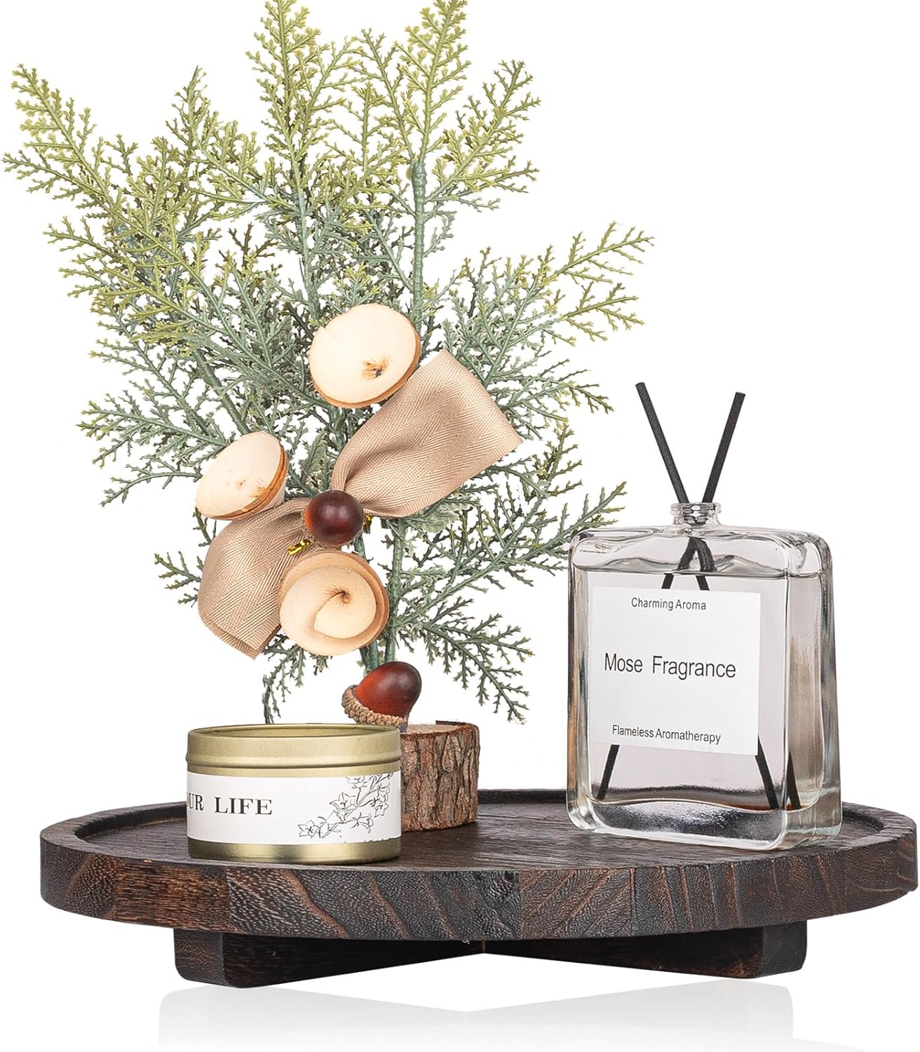 Round Decorative Tray Wood Bathroom Counter Organizer Farmhouse Kitchen Decor Wooden Riser for Soap Dish, Perfume, Candle, Sponge, 10" - Brown