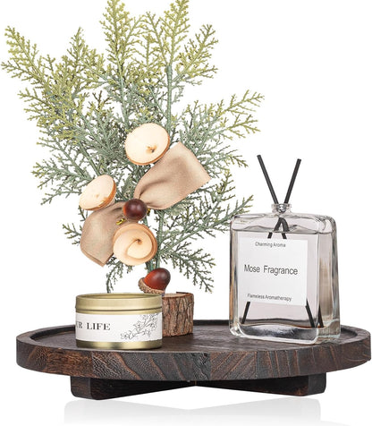 Round Decorative Tray Wood Bathroom Counter Organizer Farmhouse Kitchen Decor Wooden Riser for Soap Dish, Perfume, Candle, Sponge, 10" - Brown