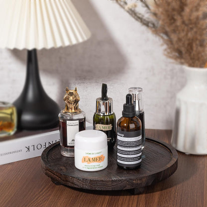 Round Decorative Tray Wood Bathroom Counter Organizer Farmhouse Kitchen Decor Wooden Riser for Soap Dish, Perfume, Candle, Sponge, 10" - Brown