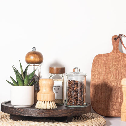 Round Decorative Tray Wood Bathroom Counter Organizer Farmhouse Kitchen Decor Wooden Riser for Soap Dish, Perfume, Candle, Sponge, 10" - Brown