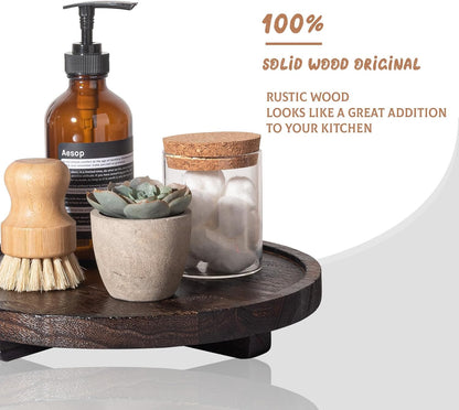 Round Decorative Tray Wood Bathroom Counter Organizer Farmhouse Kitchen Decor Wooden Riser for Soap Dish, Perfume, Candle, Sponge, 10" - Brown