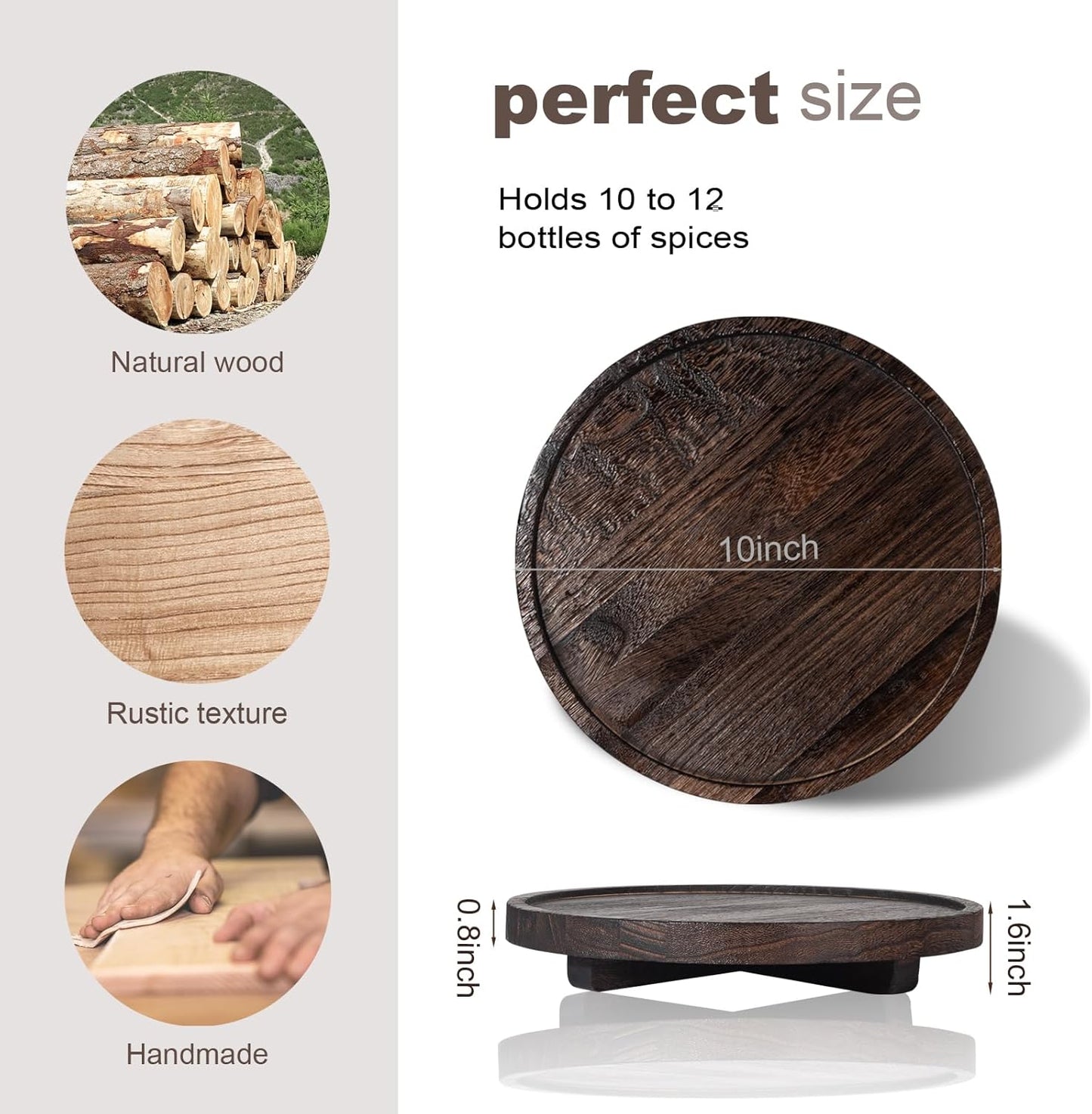 Round Decorative Tray Wood Bathroom Counter Organizer Farmhouse Kitchen Decor Wooden Riser for Soap Dish, Perfume, Candle, Sponge, 10" - Brown