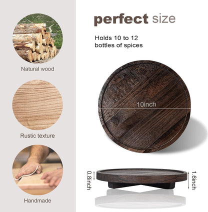 Round Decorative Tray Wood Bathroom Counter Organizer Farmhouse Kitchen Decor Wooden Riser for Soap Dish, Perfume, Candle, Sponge, 10" - Brown