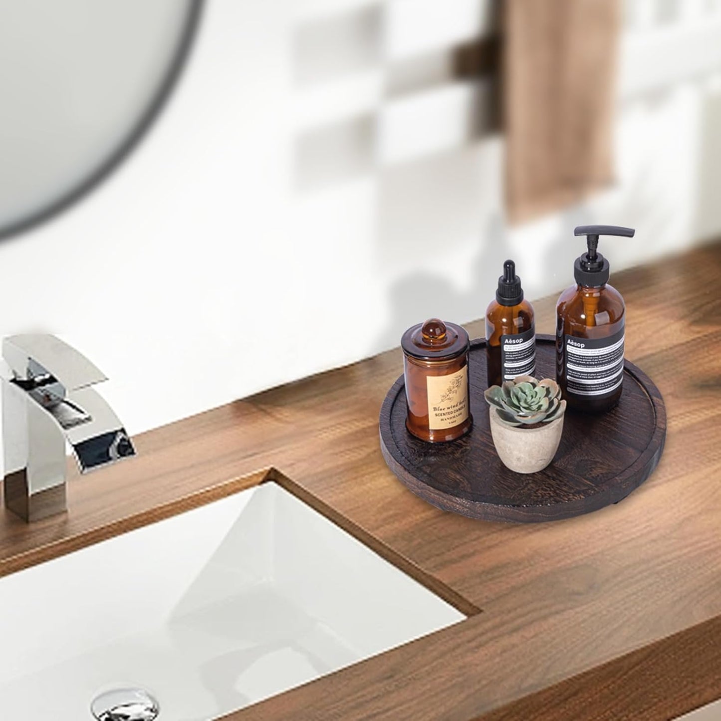 Round Decorative Tray Wood Bathroom Counter Organizer Farmhouse Kitchen Decor Wooden Riser for Soap Dish, Perfume, Candle, Sponge, 10" - Brown