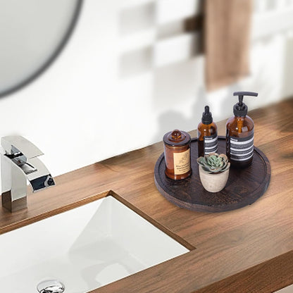 Round Decorative Tray Wood Bathroom Counter Organizer Farmhouse Kitchen Decor Wooden Riser for Soap Dish, Perfume, Candle, Sponge, 10" - Brown