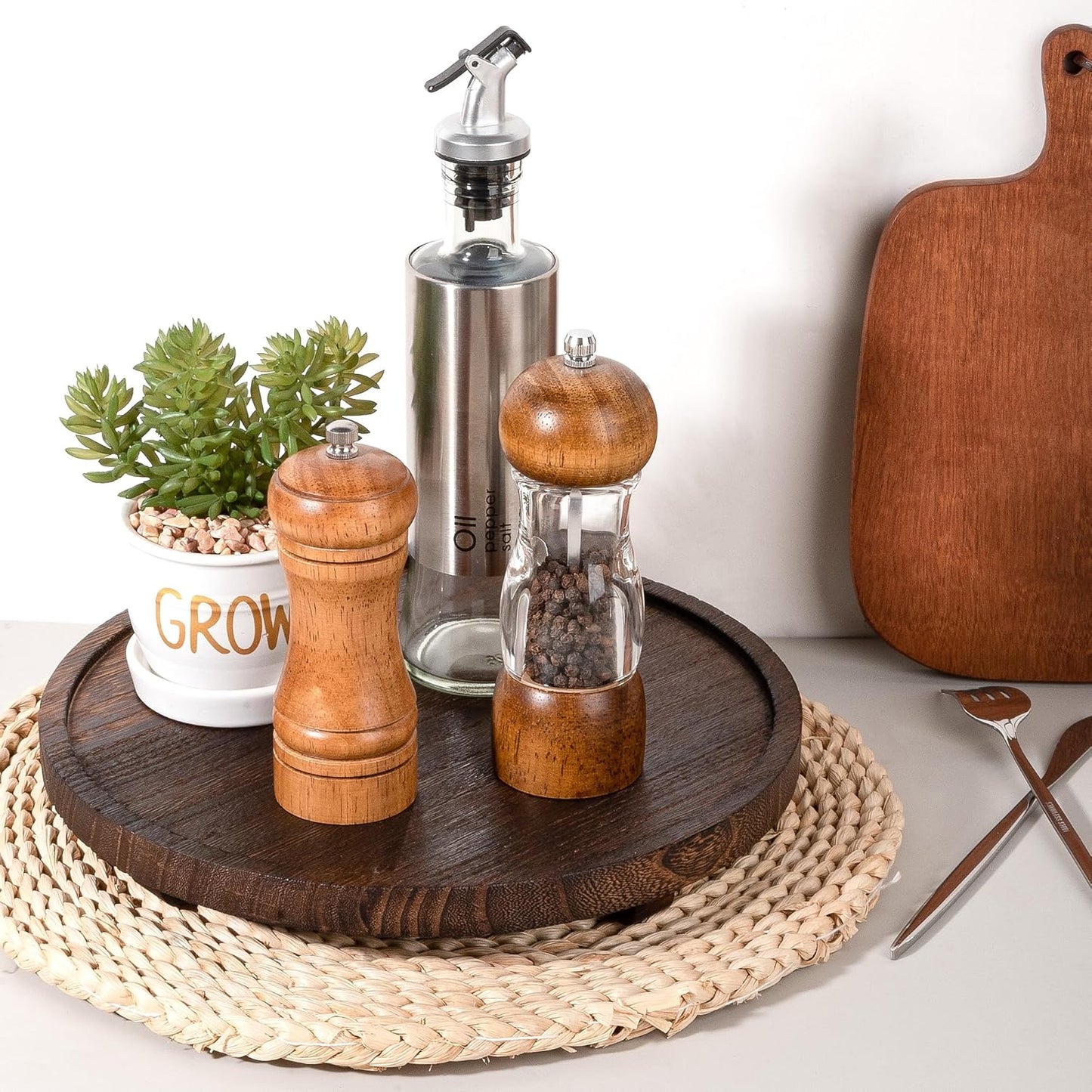 Round Decorative Tray Wood Bathroom Counter Organizer Farmhouse Kitchen Decor Wooden Riser for Soap Dish, Perfume, Candle, Sponge, 10" - Brown