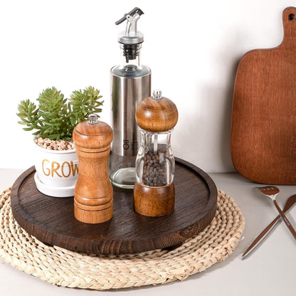 Round Decorative Tray Wood Bathroom Counter Organizer Farmhouse Kitchen Decor Wooden Riser for Soap Dish, Perfume, Candle, Sponge, 10" - Brown