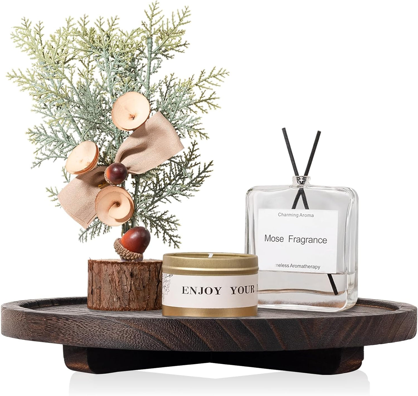 Round Decorative Tray Wood Bathroom Counter Organizer Farmhouse Kitchen Decor Wooden Riser for Soap Dish, Perfume, Candle, Sponge, 10" - Brown