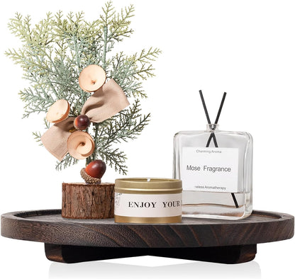 Round Decorative Tray Wood Bathroom Counter Organizer Farmhouse Kitchen Decor Wooden Riser for Soap Dish, Perfume, Candle, Sponge, 10" - Brown