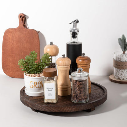 Round Decorative Tray Wood Bathroom Counter Organizer Farmhouse Kitchen Decor Wooden Riser for Soap Dish, Perfume, Candle, Sponge, 10" - Brown