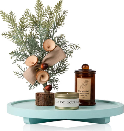 Round Decorative Tray Wood Bathroom Counter Organizer Farmhouse Kitchen Decor Wooden Riser for Soap Dish, Perfume, Candle, Sponge, 10" - Brown