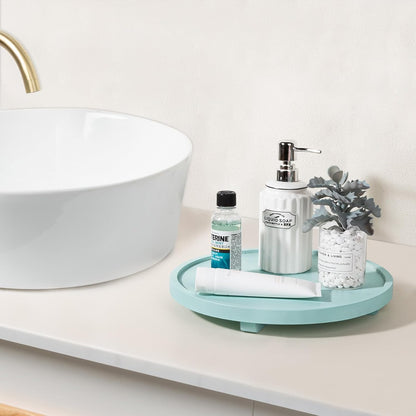 Round Decorative Tray Wood Bathroom Counter Organizer Farmhouse Kitchen Decor Wooden Riser for Soap Dish, Perfume, Candle, Sponge, 10" - Brown