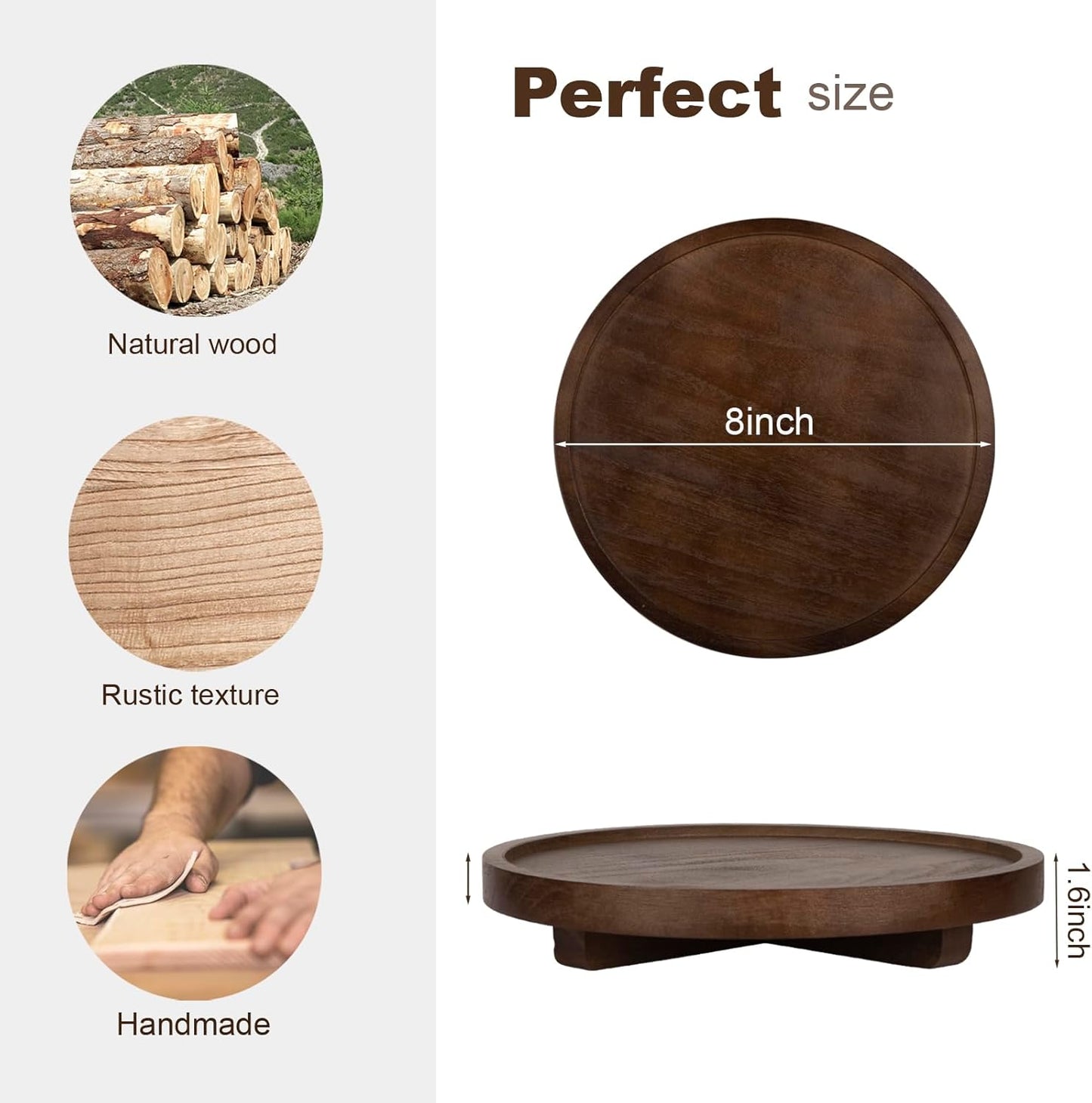 Round Decorative Tray Wood Bathroom Counter Organizer Farmhouse Kitchen Decor Wooden Riser for Soap Dish, Perfume, Candle, Sponge, 10" - Brown
