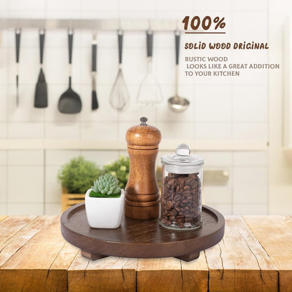 Round Decorative Tray Wood Bathroom Counter Organizer Farmhouse Kitchen Decor Wooden Riser for Soap Dish, Perfume, Candle, Sponge, 10" - Brown