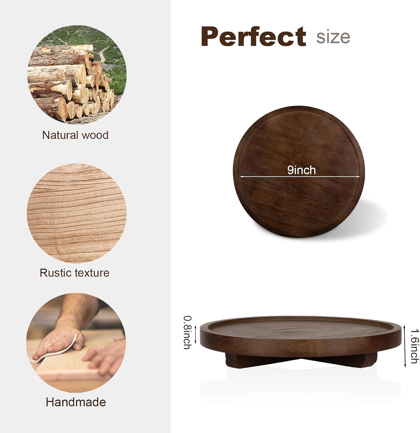 Round Decorative Tray Wood Bathroom Counter Organizer Farmhouse Kitchen Decor Wooden Riser for Soap Dish, Perfume, Candle, Sponge, 10" - Brown