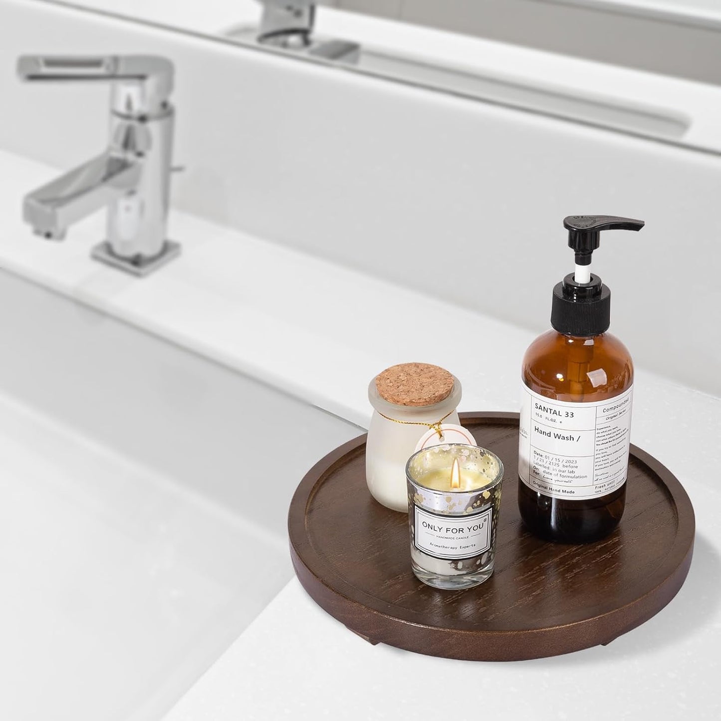 Round Decorative Tray Wood Bathroom Counter Organizer Farmhouse Kitchen Decor Wooden Riser for Soap Dish, Perfume, Candle, Sponge, 10" - Brown