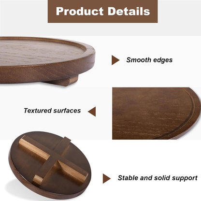 Round Decorative Tray Wood Bathroom Counter Organizer Farmhouse Kitchen Decor Wooden Riser for Soap Dish, Perfume, Candle, Sponge, 10" - Brown