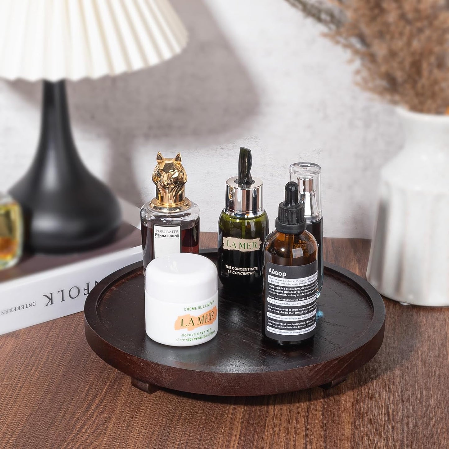 Round Decorative Tray Wood Bathroom Counter Organizer Farmhouse Kitchen Decor Wooden Riser for Soap Dish, Perfume, Candle, Sponge, 10" - Brown