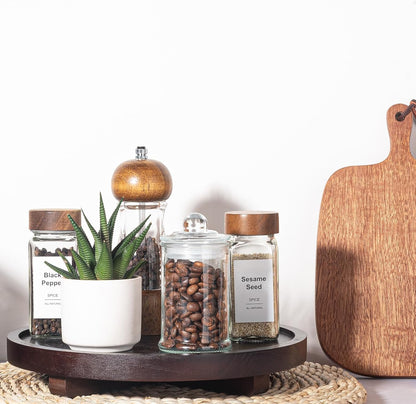Round Decorative Tray Wood Bathroom Counter Organizer Farmhouse Kitchen Decor Wooden Riser for Soap Dish, Perfume, Candle, Sponge, 10" - Brown