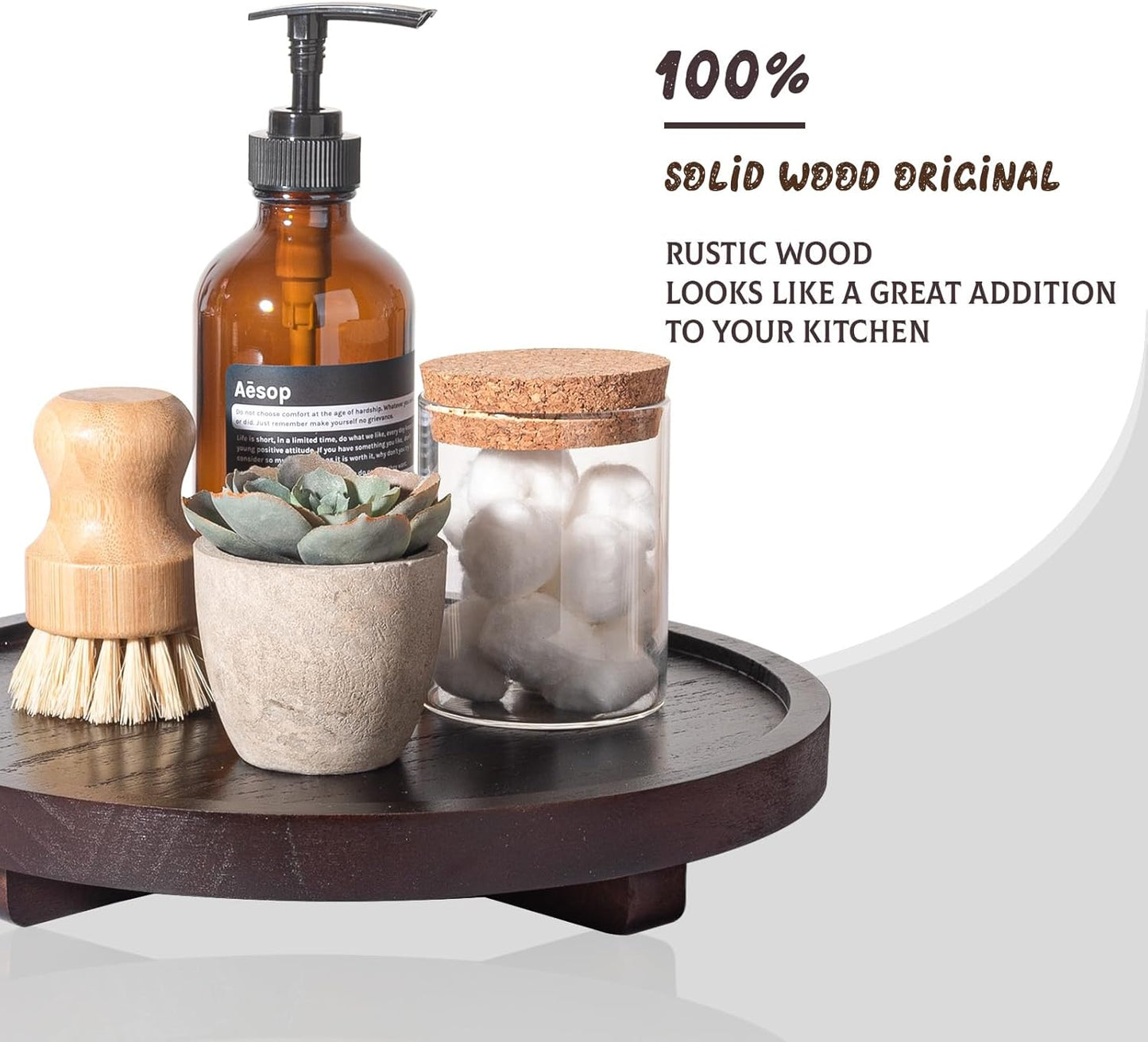 Round Decorative Tray Wood Bathroom Counter Organizer Farmhouse Kitchen Decor Wooden Riser for Soap Dish, Perfume, Candle, Sponge, 10" - Brown