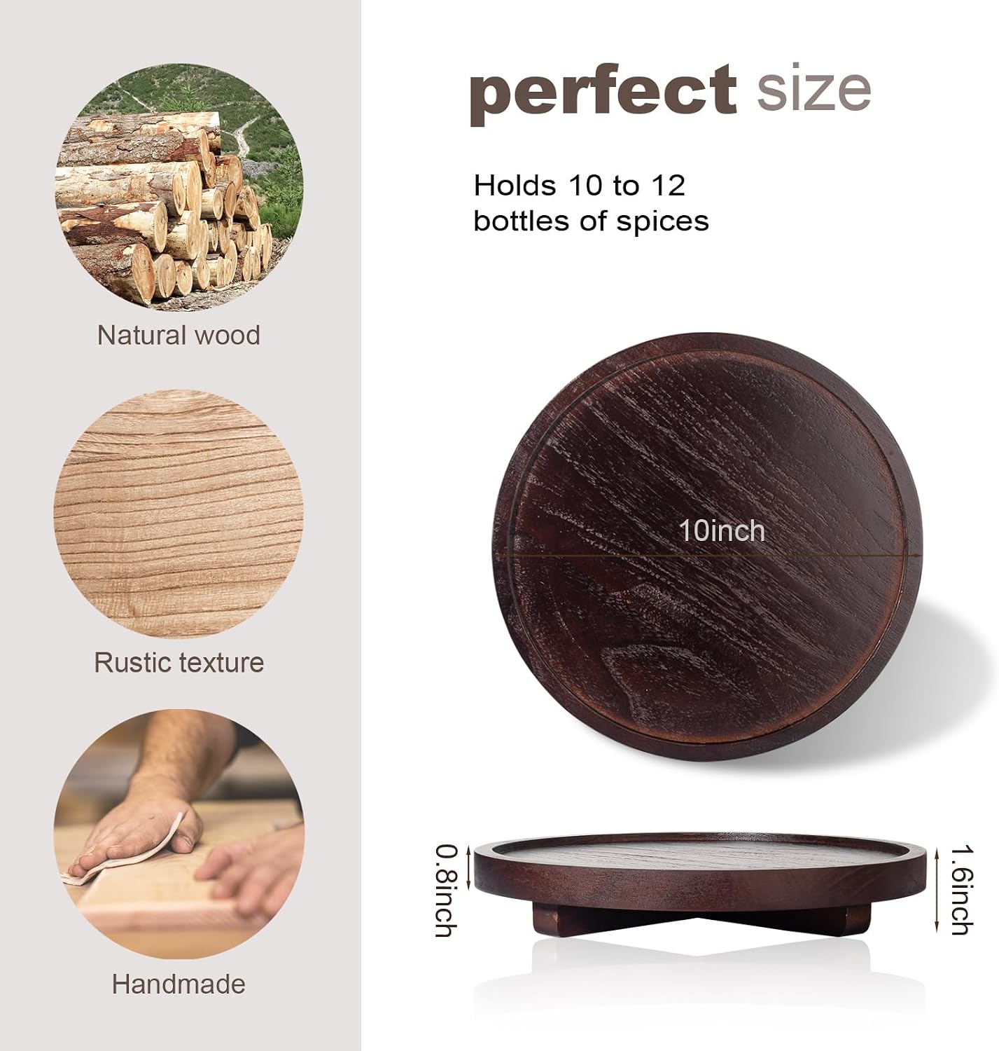 Round Decorative Tray Wood Bathroom Counter Organizer Farmhouse Kitchen Decor Wooden Riser for Soap Dish, Perfume, Candle, Sponge, 10" - Brown