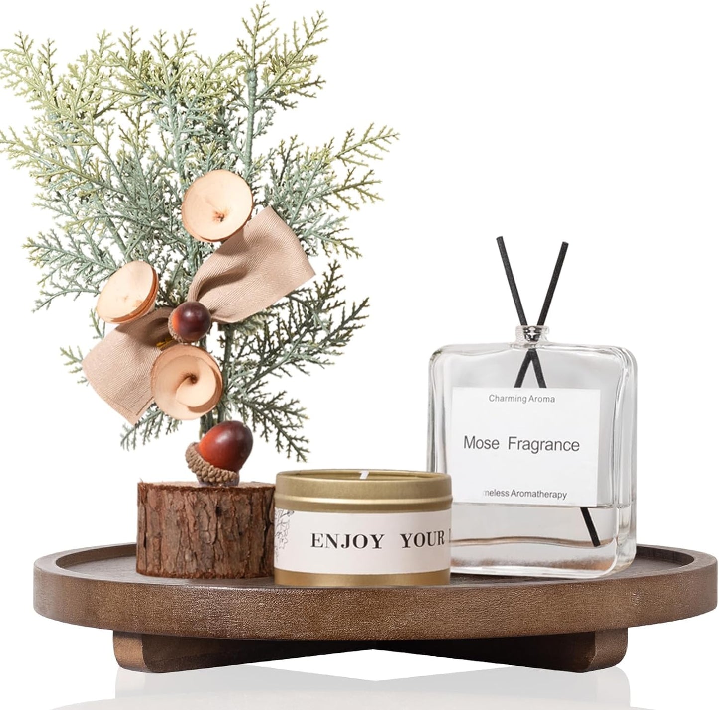 Round Decorative Tray Wood Bathroom Counter Organizer Farmhouse Kitchen Decor Wooden Riser for Soap Dish, Perfume, Candle, Sponge, 10" - Brown