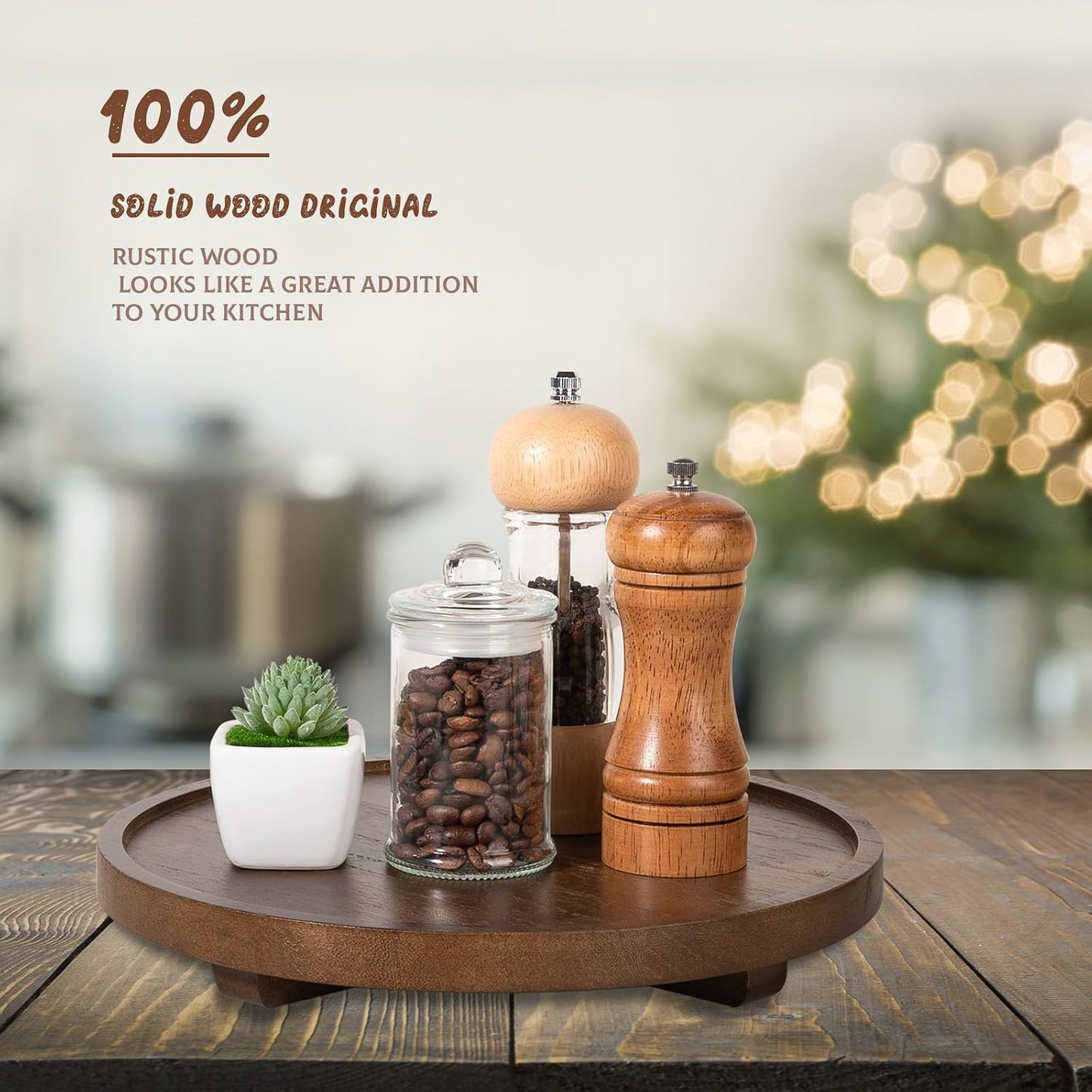 Round Decorative Tray Wood Bathroom Counter Organizer Farmhouse Kitchen Decor Wooden Riser for Soap Dish, Perfume, Candle, Sponge, 10" - Brown