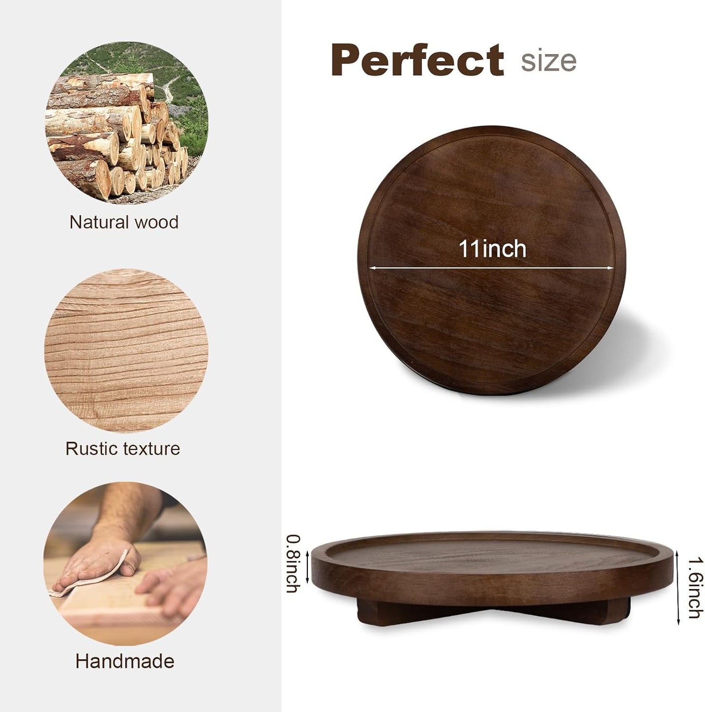 Round Decorative Tray Wood Bathroom Counter Organizer Farmhouse Kitchen Decor Wooden Riser for Soap Dish, Perfume, Candle, Sponge, 10" - Brown