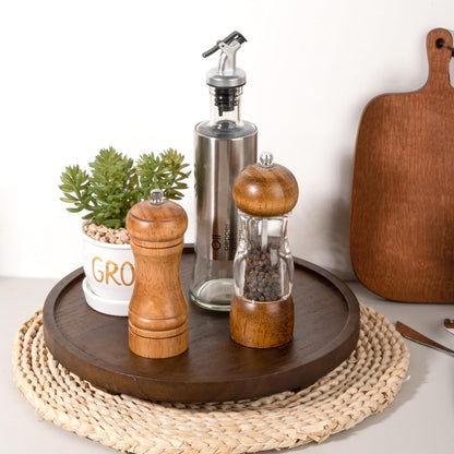 Round Decorative Tray Wood Bathroom Counter Organizer Farmhouse Kitchen Decor Wooden Riser for Soap Dish, Perfume, Candle, Sponge, 10" - Brown