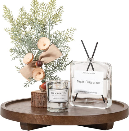 Round Decorative Tray Wood Bathroom Counter Organizer Farmhouse Kitchen Decor Wooden Riser for Soap Dish, Perfume, Candle, Sponge, 10" - Brown