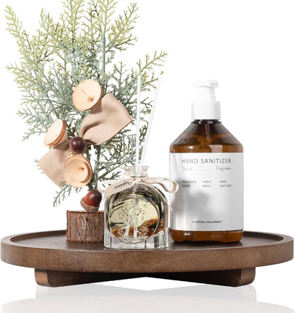 Round Decorative Tray Wood Bathroom Counter Organizer Farmhouse Kitchen Decor Wooden Riser for Soap Dish, Perfume, Candle, Sponge, 10" - Brown