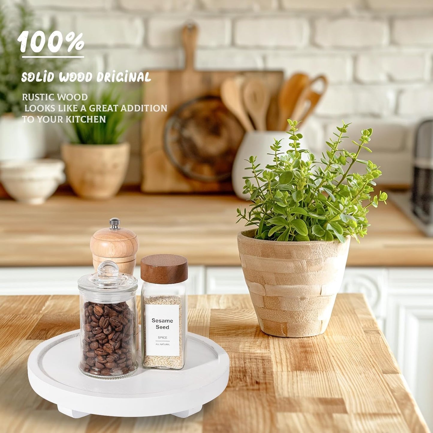 Round Decorative Tray Wood Bathroom Counter Organizer Farmhouse Kitchen Decor Wooden Riser for Soap Dish, Perfume, Candle, Sponge, 10" - Brown