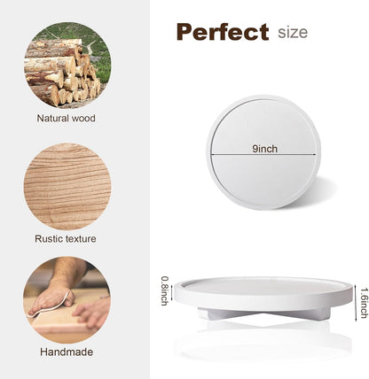 Round Decorative Tray Wood Bathroom Counter Organizer Farmhouse Kitchen Decor Wooden Riser for Soap Dish, Perfume, Candle, Sponge, 10" - Brown