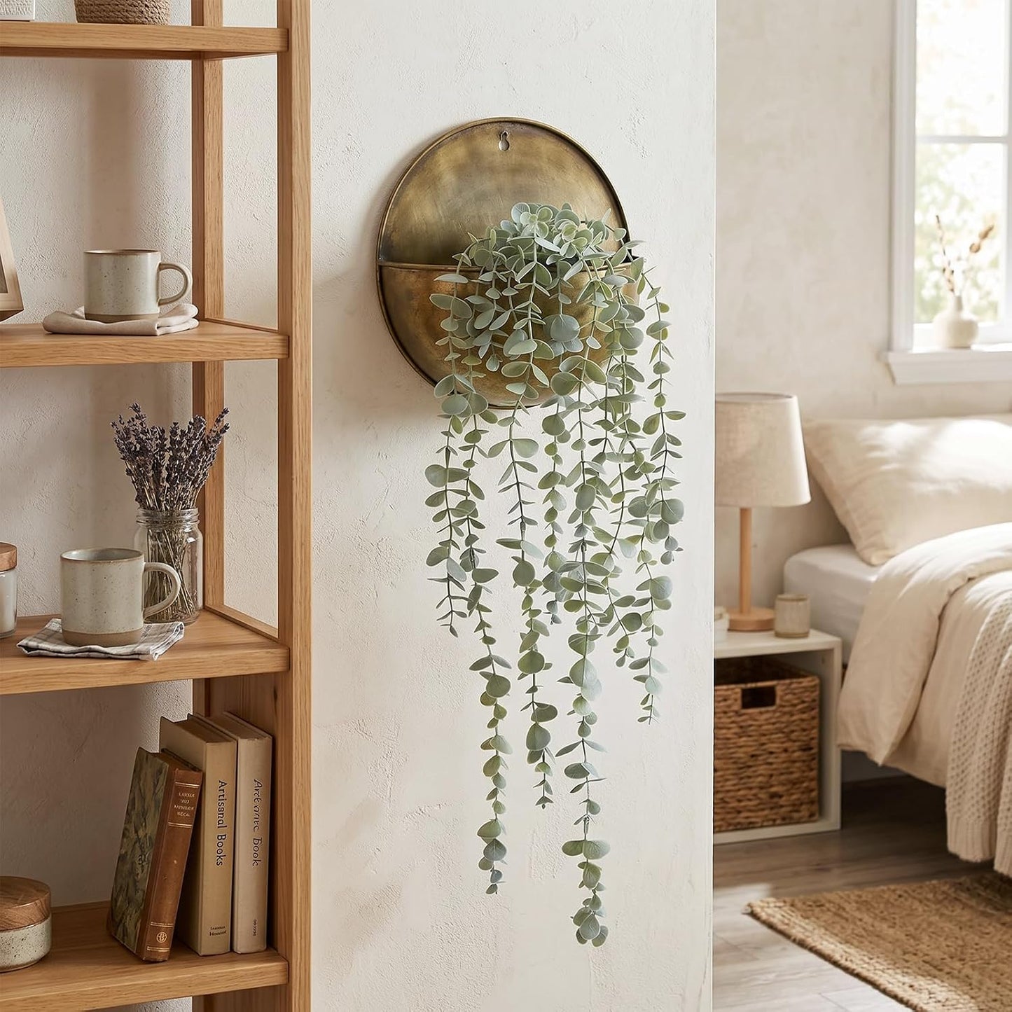 1pcs Artificial Hanging Plants, Fake Potted Eucalyptus Faux Hanging Plant for Wall Room Home Indoor Outdoor Shelf Decor