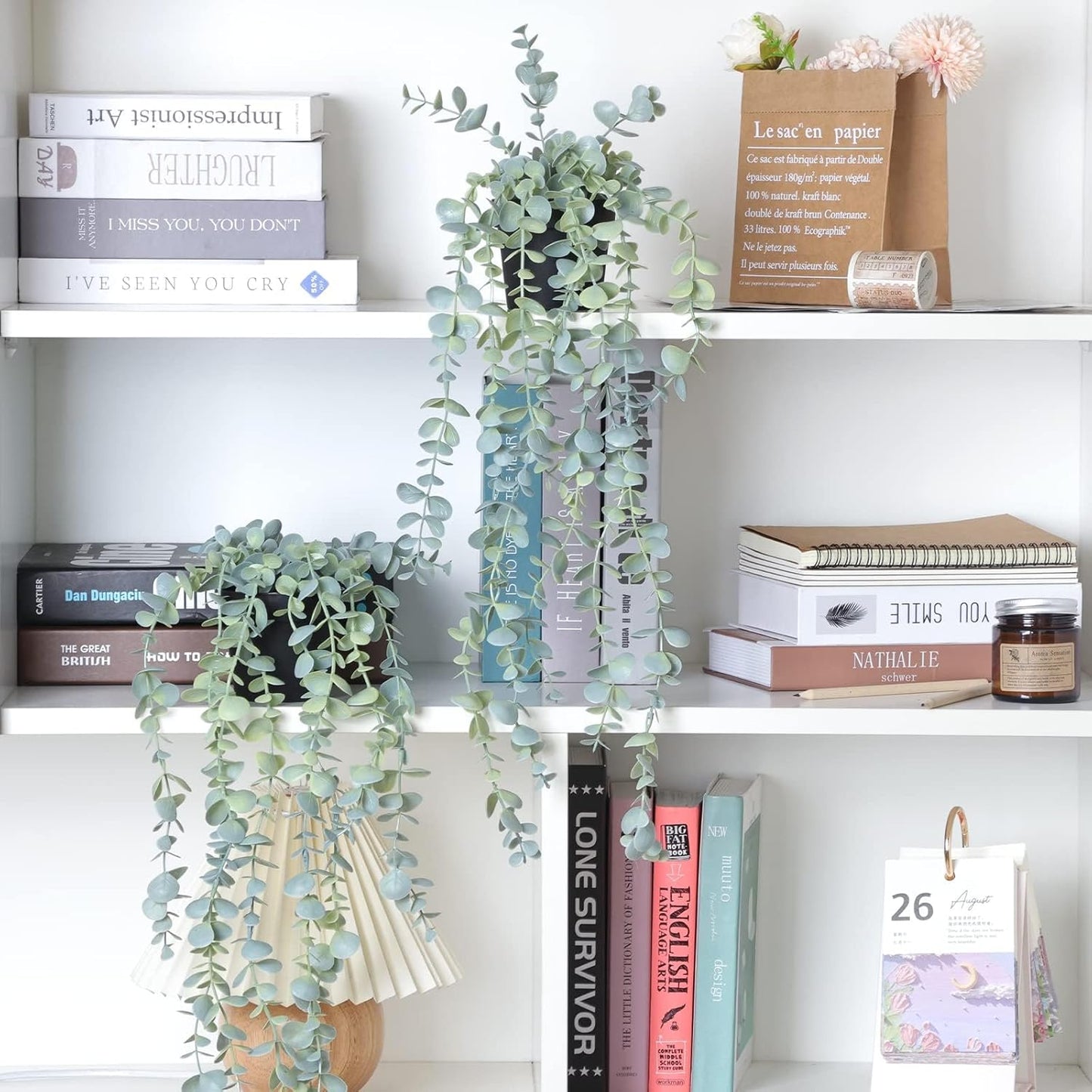 1pcs Artificial Hanging Plants, Fake Potted Eucalyptus Faux Hanging Plant for Wall Room Home Indoor Outdoor Shelf Decor